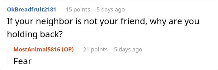 Text conversation showing a user asking about a difficult neighbor and another responding with the word fear, illustrating stress and paranoia.