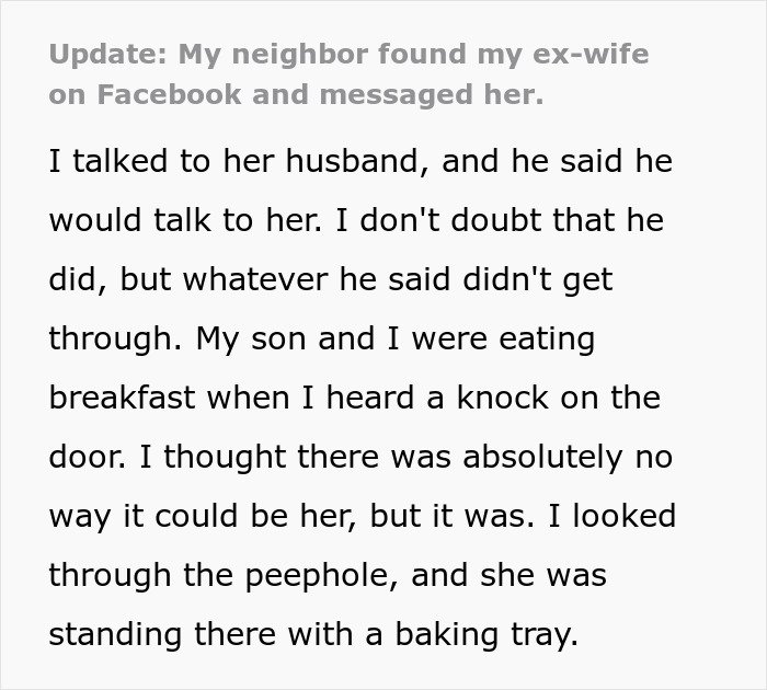 Man stressed and paranoid looking through peephole at unhinged neighbor standing outside with a baking tray.