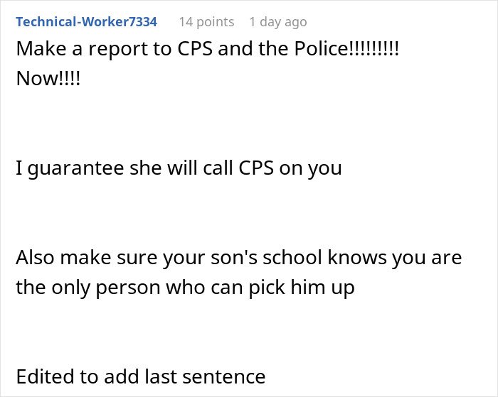 Comment urging to report unhinged neighbor to police and CPS, advising caution about child's pickup and safety concerns.