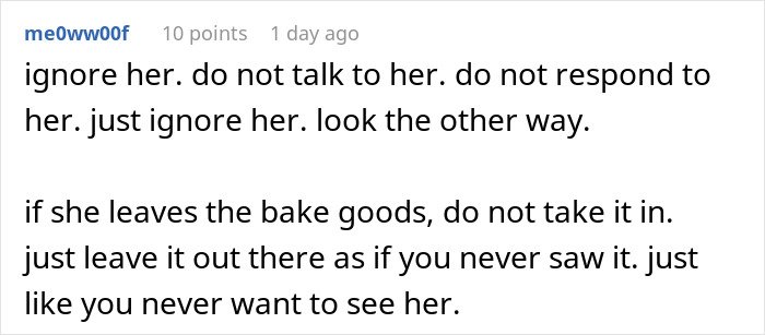 Screenshot of a forum comment advising to ignore an unhinged neighbor causing stress and paranoia about going back home.