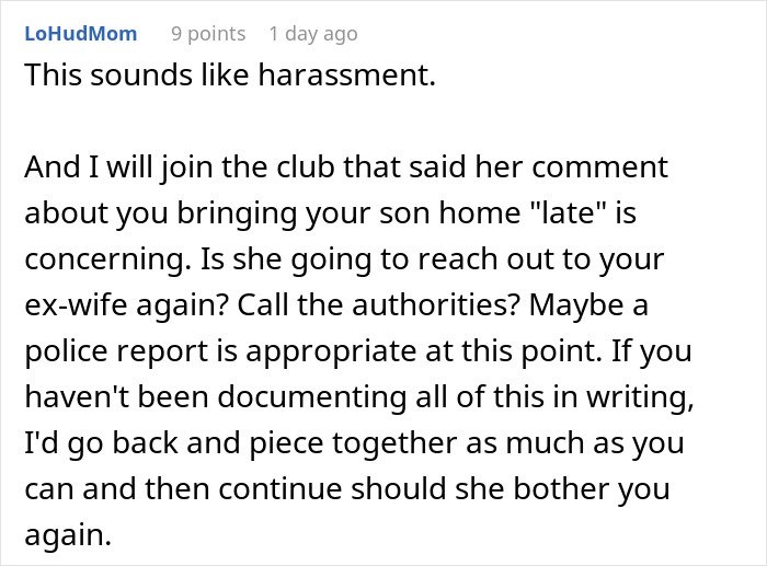Screenshot of an online comment describing harassment and concerns about an unhinged neighbor causing stress and paranoia.