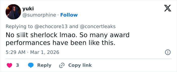 Screenshot of a tweet commenting on chaos at Brit Awards as singer gets pushed off stage mid performance in viral video.
