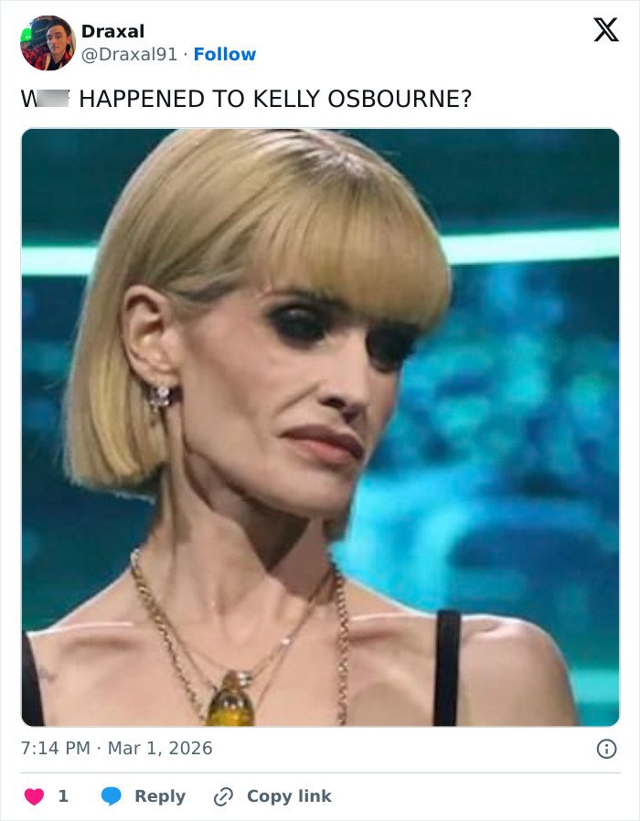 Kelly Osbourne with short blonde hair and bold makeup responding to trolls after Brit Awards look goes viral.