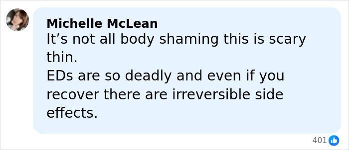Comment from Michelle McLean discussing concerns about body shaming and the dangers of eating disorders.