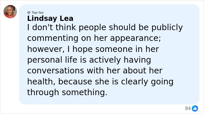 Comment from Lindsay Lea expressing concern about Kelly Osbourne&rsquo;s health amid public comments on her appearance.
