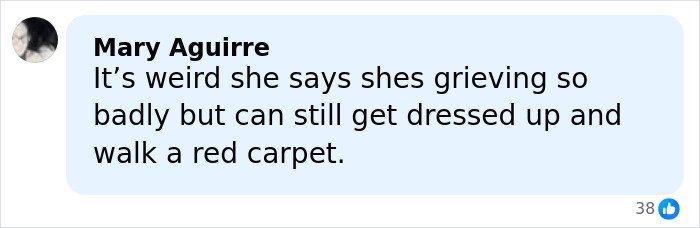 Comment from Mary Aguirre criticizing someone&rsquo;s ability to attend a red carpet event while grieving after Brit Awards.
