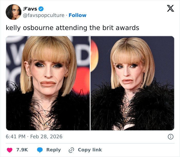Kelly Osbourne with a sleek blonde bob and dramatic makeup sparking fans&rsquo; buccal fat removal rumors at Brit Awards.