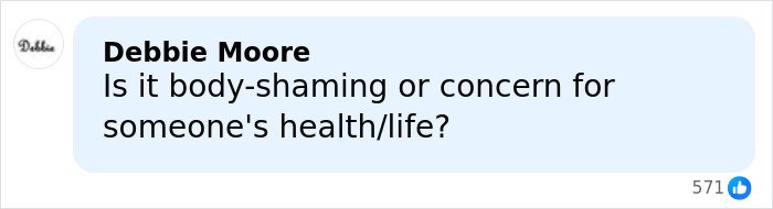 Comment from Debbie Moore questioning if the discussion is body-shaming or concern for health after Kelly Osbourne's Brit Awards look went viral.